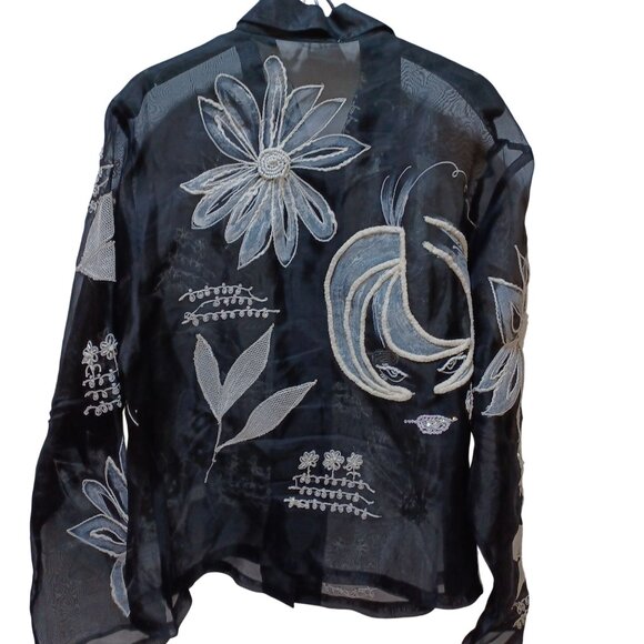 Sheer Black Embroidered Womens L Top Floral Art to Wear Boho Whimsigoth Indie - Picture 4 of 7
